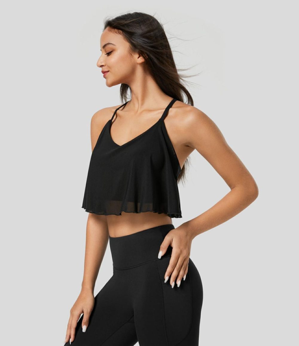 Crisscross Backless Contrast Mesh Cropped Yoga Cami Top  | Womens  Cropped Tops Clothing Cropped Tops