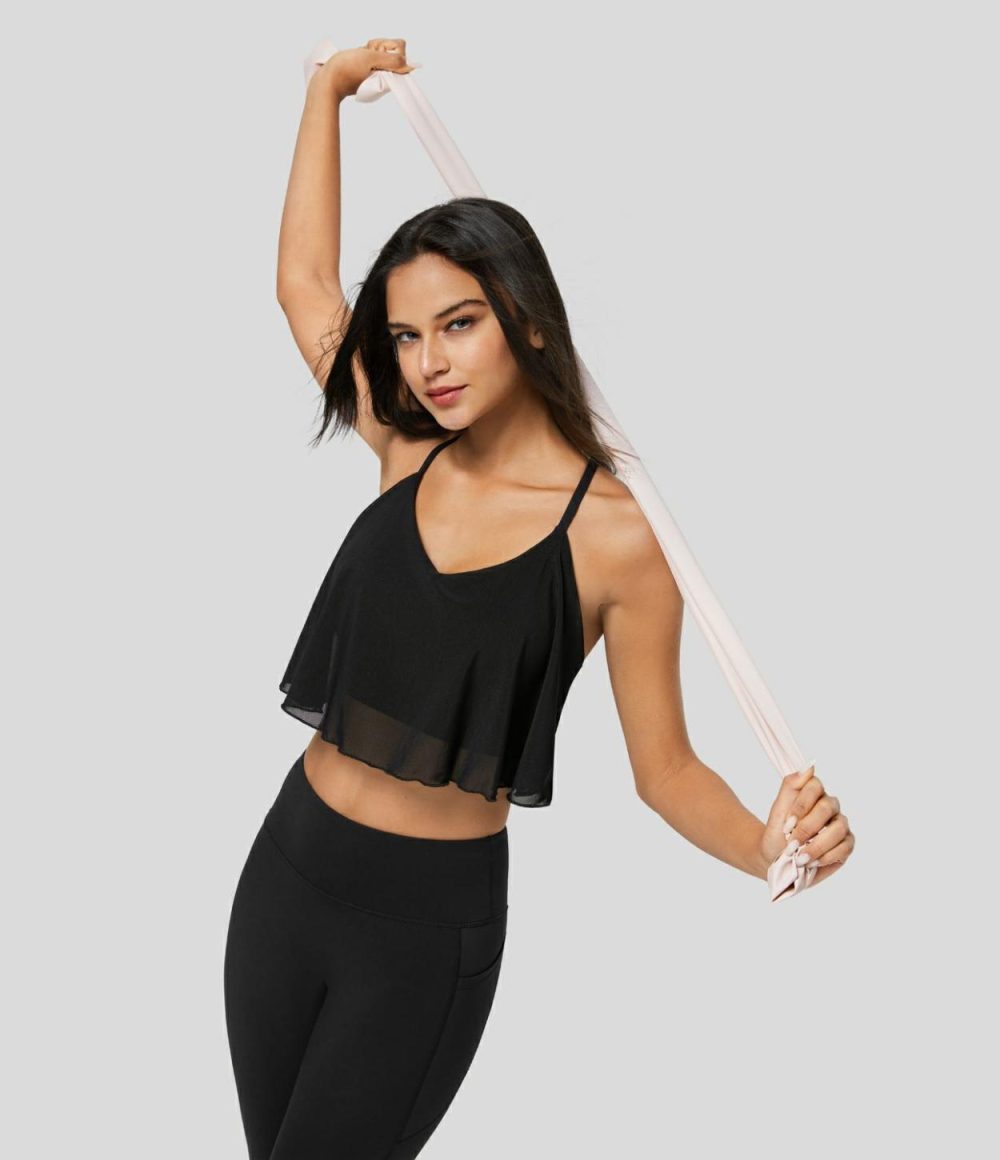 Crisscross Backless Contrast Mesh Cropped Yoga Cami Top  | Womens  Cropped Tops Clothing Cropped Tops