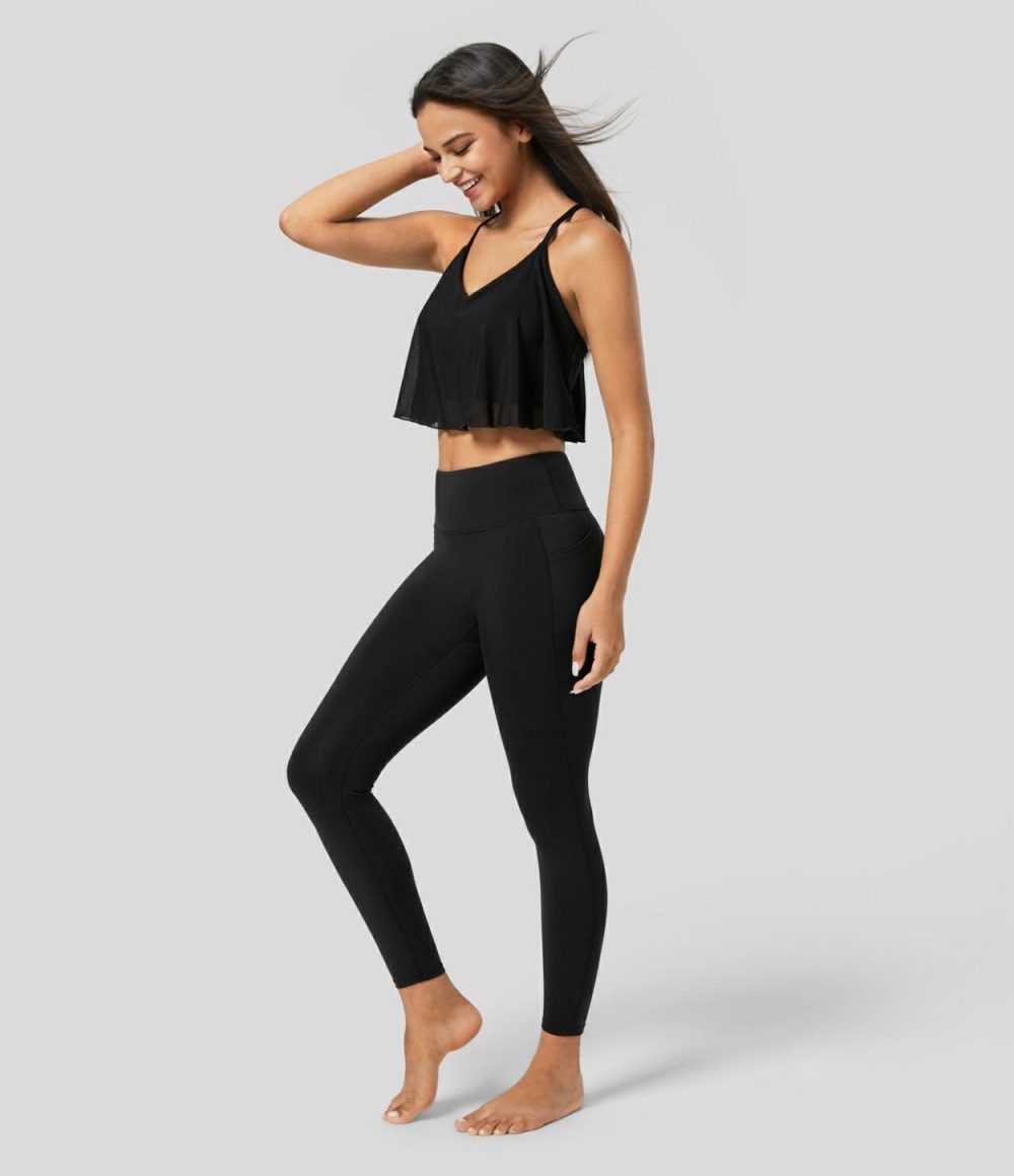 Crisscross Backless Contrast Mesh Cropped Yoga Cami Top  | Womens  Cropped Tops Clothing Cropped Tops