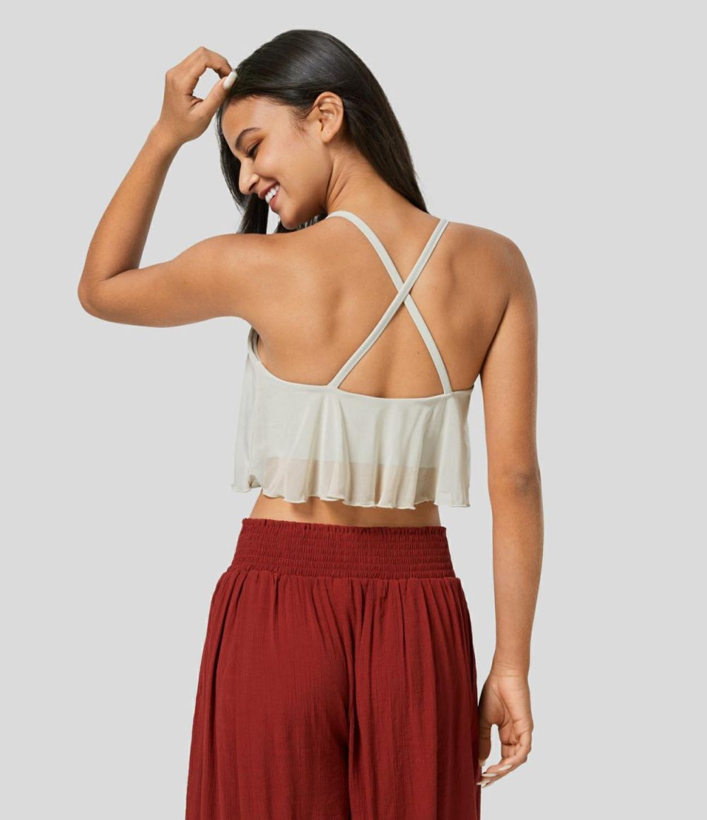 Crisscross Backless Contrast Mesh Cropped Yoga Cami Top  | Womens  Cropped Tops Clothing Cropped Tops