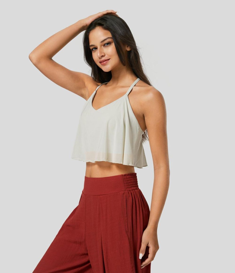 Crisscross Backless Contrast Mesh Cropped Yoga Cami Top  | Womens  Cropped Tops Clothing Cropped Tops