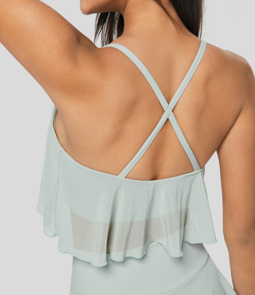 Crisscross Backless Contrast Mesh Cropped Yoga Cami Top  | Womens  Cropped Tops Clothing Cropped Tops