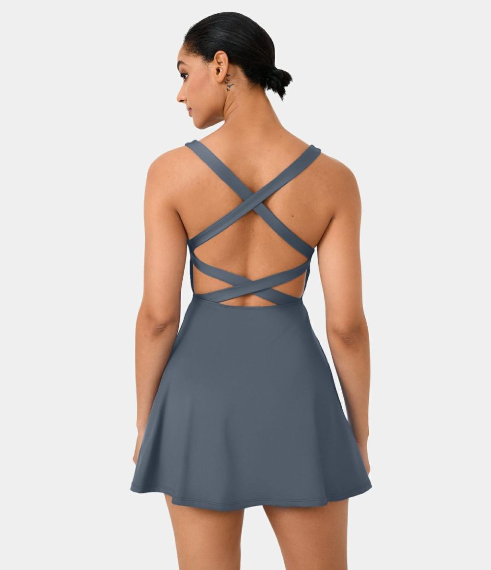 Crisscross Backless Flare 2-Piece Pocket Dance Active Dress  | Womens  Active Dresses Active Dresses Active Dresses