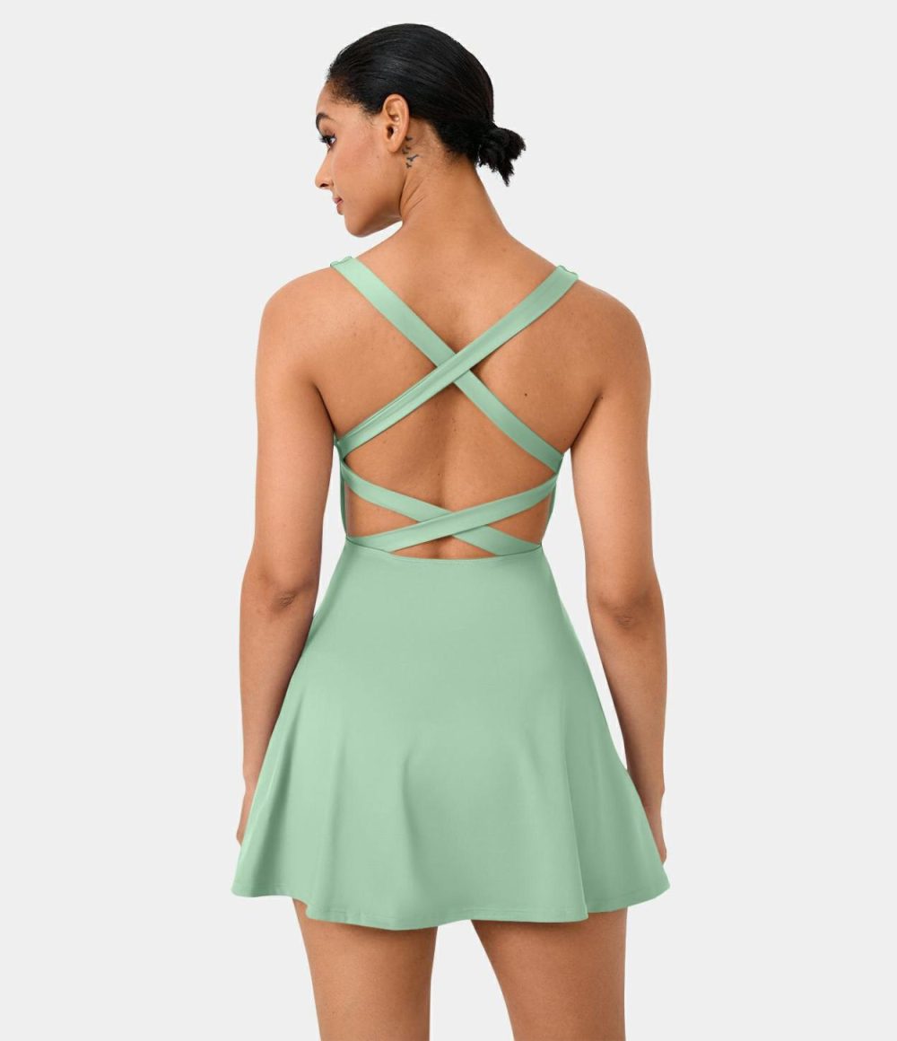 Crisscross Backless Flare 2-Piece Pocket Dance Active Dress  | Womens  Active Dresses Active Dresses Active Dresses