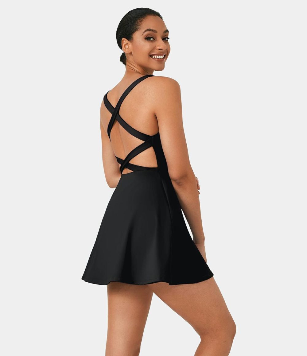 Crisscross Backless Flare 2-Piece Pocket Dance Active Dress  | Womens  Active Dresses Active Dresses Active Dresses