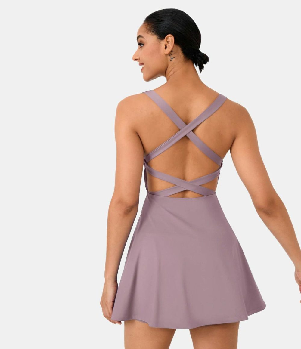 Crisscross Backless Flare 2-Piece Pocket Dance Active Dress  | Womens  Active Dresses Active Dresses Active Dresses