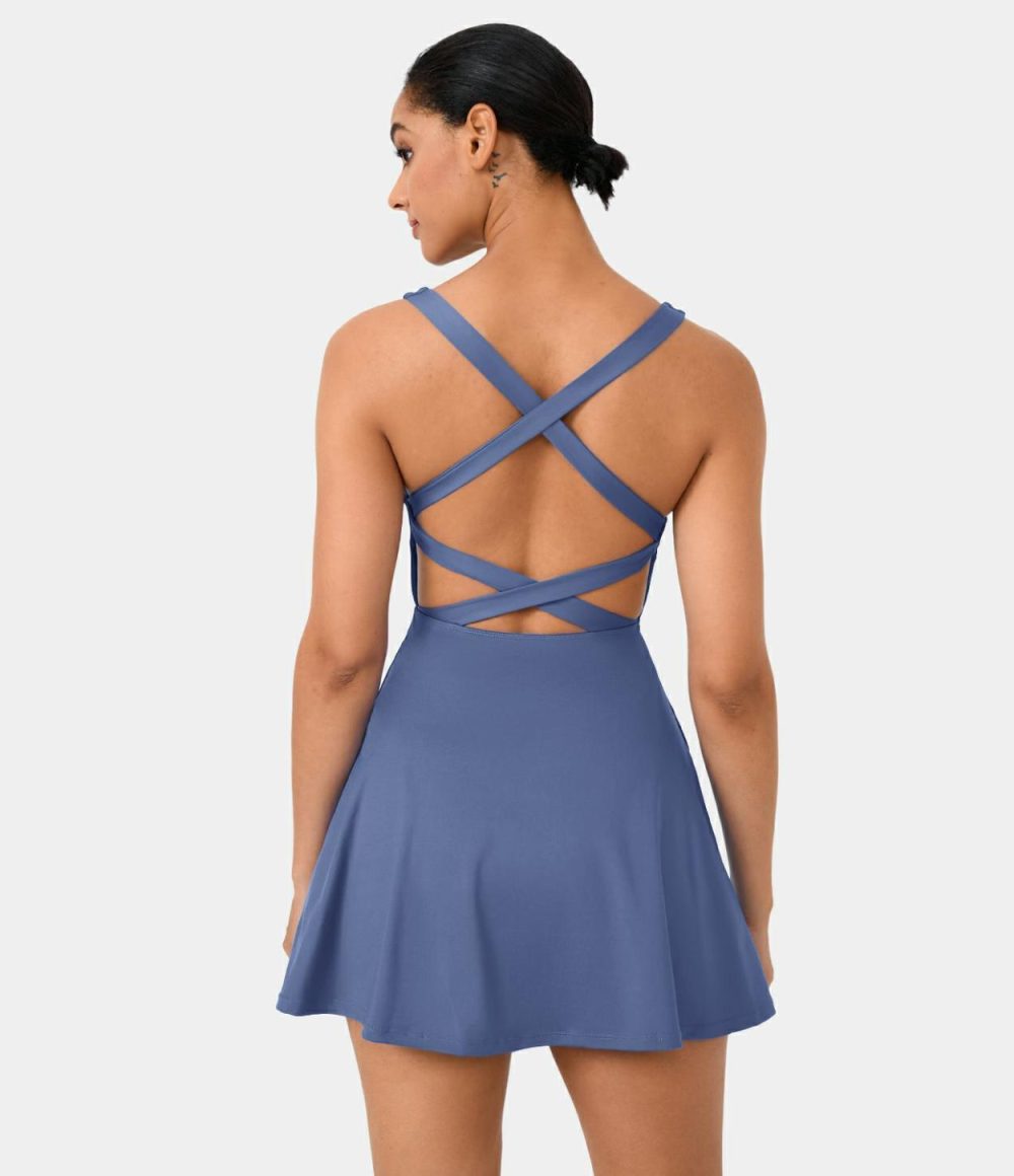 Crisscross Backless Flare 2-Piece Pocket Dance Active Dress  | Womens  Active Dresses Active Dresses Active Dresses