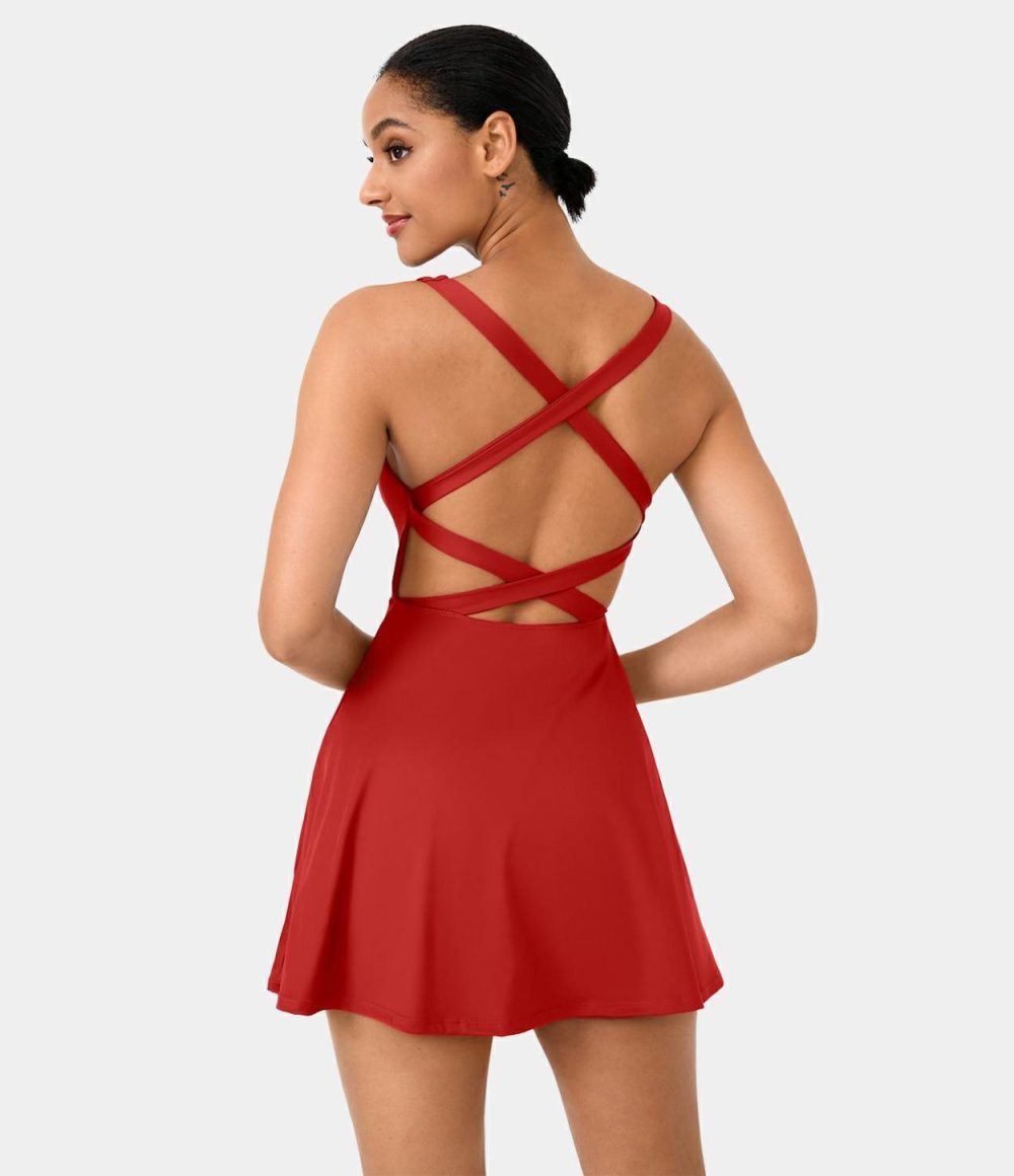 Crisscross Backless Flare 2-Piece Pocket Dance Active Dress  | Womens  Active Dresses Active Dresses Active Dresses