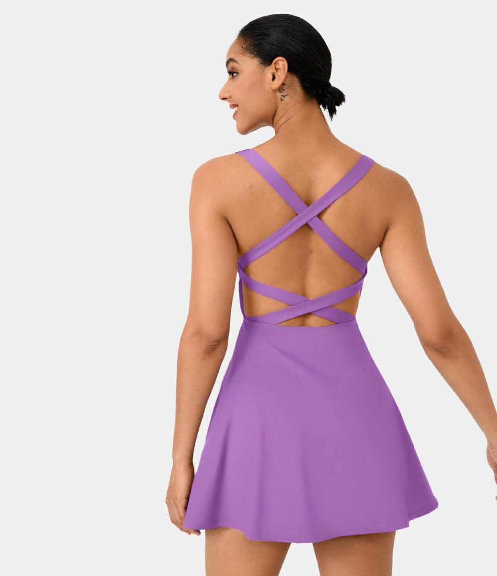 Crisscross Backless Flare 2-Piece Pocket Dance Active Dress  | Womens  Active Dresses Active Dresses Active Dresses