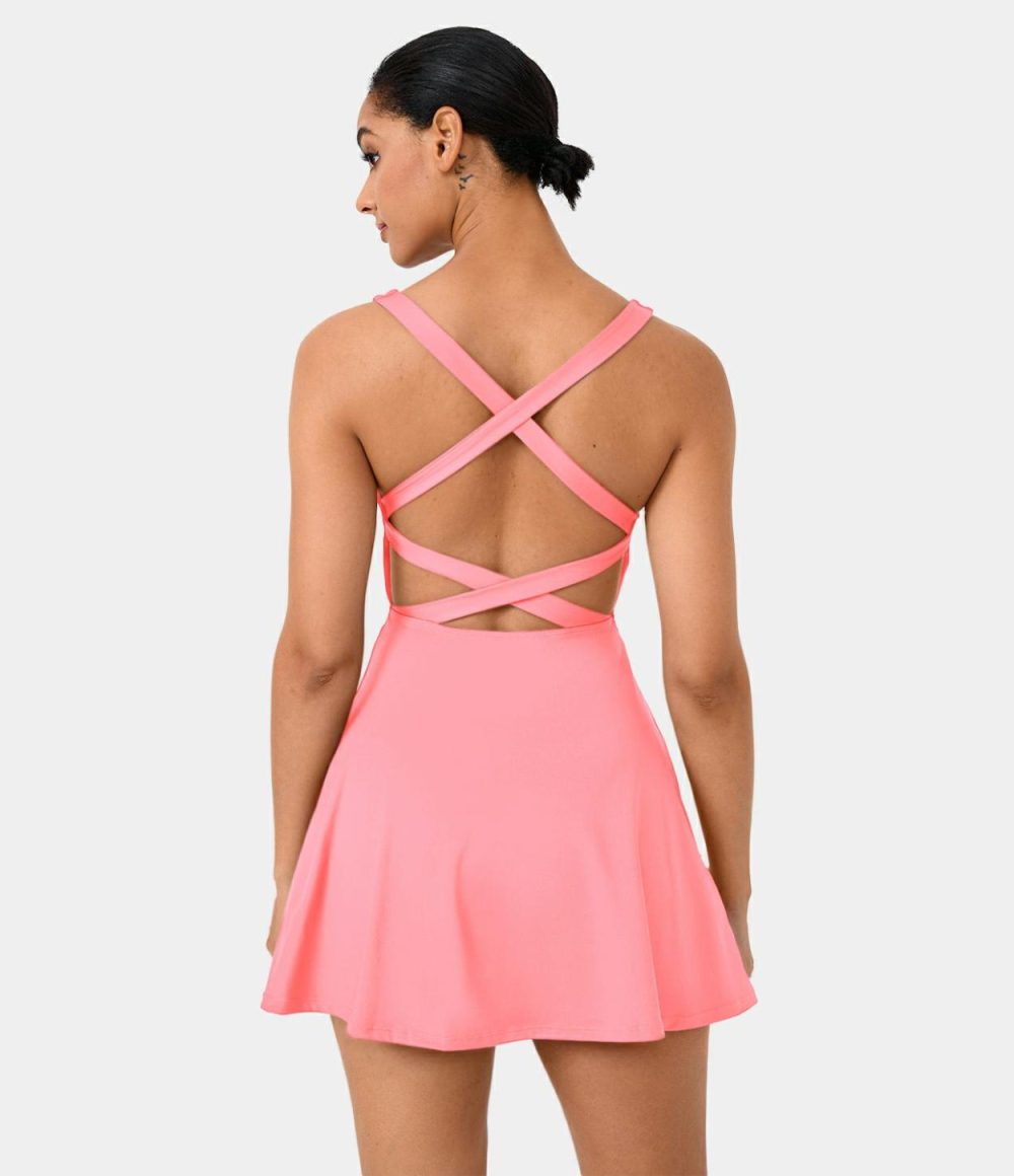 Crisscross Backless Flare 2-Piece Pocket Dance Active Dress  | Womens  Active Dresses Active Dresses Active Dresses