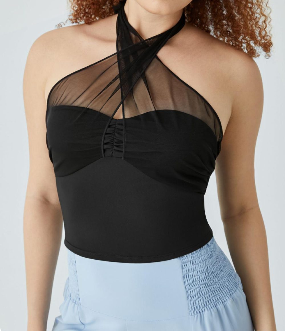 Crisscross Halter Tie Back Backless Ruched Contrast Mesh Cropped Resort Tank Top  | Womens  Cropped Tops Clothing Cropped Tops