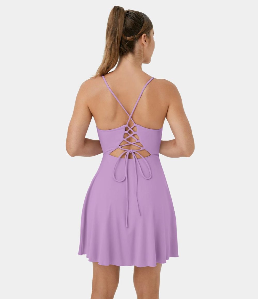 Crisscross Lace Up Backless Mini Flare Slip Dance Active Dress  | Womens  Active Dresses Active Dresses Active Dresses