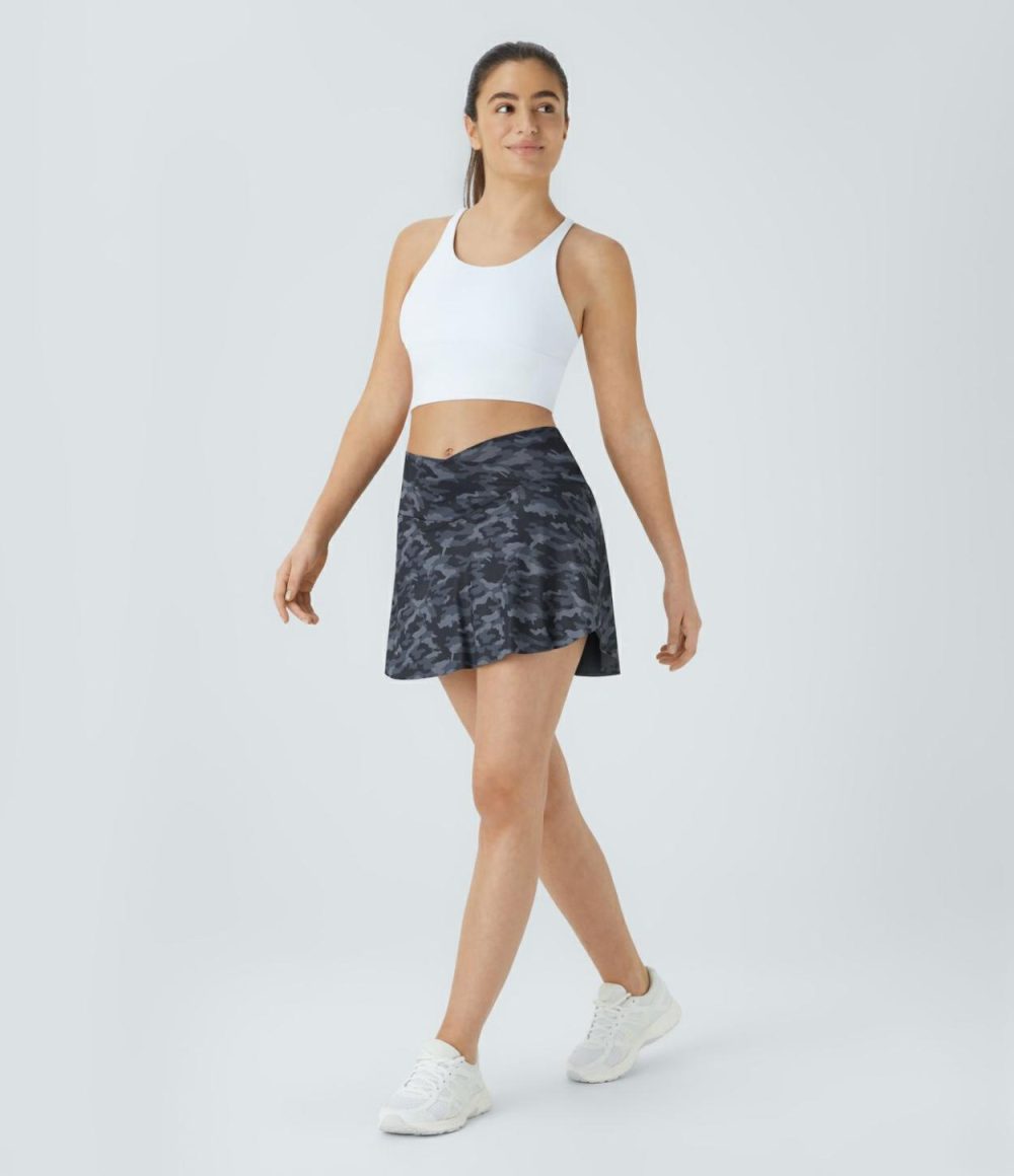 Crossover 2-in-1 Side Pocket Camo Print Pickleball Skirt  | Womens  Mini Skirts Clothing Gray Camo/Dark Gray Camo