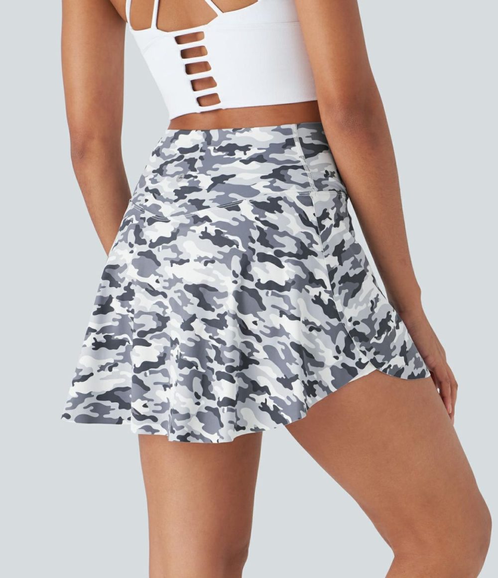 Crossover 2-in-1 Side Pocket Camo Print Pickleball Skirt  | Womens  Mini Skirts Clothing Gray Camo/Dark Gray Camo