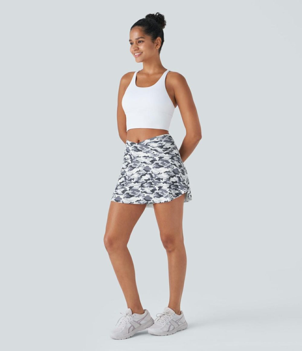 Crossover 2-in-1 Side Pocket Camo Print Pickleball Skirt  | Womens  Mini Skirts Clothing Gray Camo/Dark Gray Camo