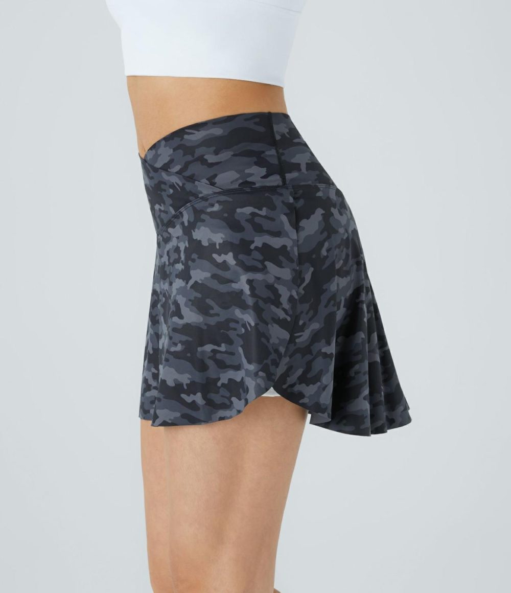 Crossover 2-in-1 Side Pocket Camo Print Pickleball Skirt  | Womens  Mini Skirts Clothing Gray Camo/Dark Gray Camo