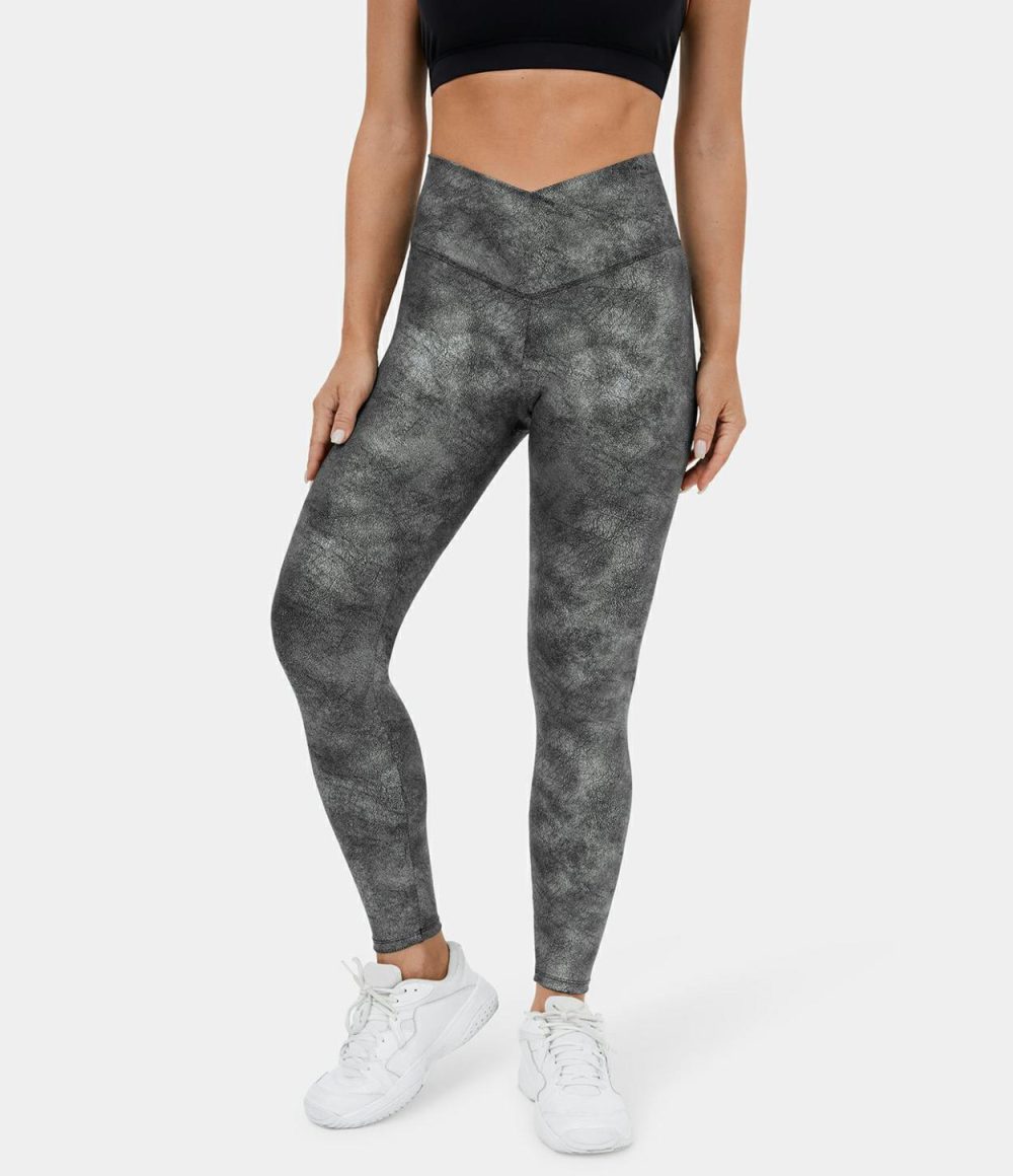 Crossover Back Pocket Stretchy Crackle Yoga 7/8 Leggings  | Womens  Crossover Leggings Clothing Cracked Titanium Grey