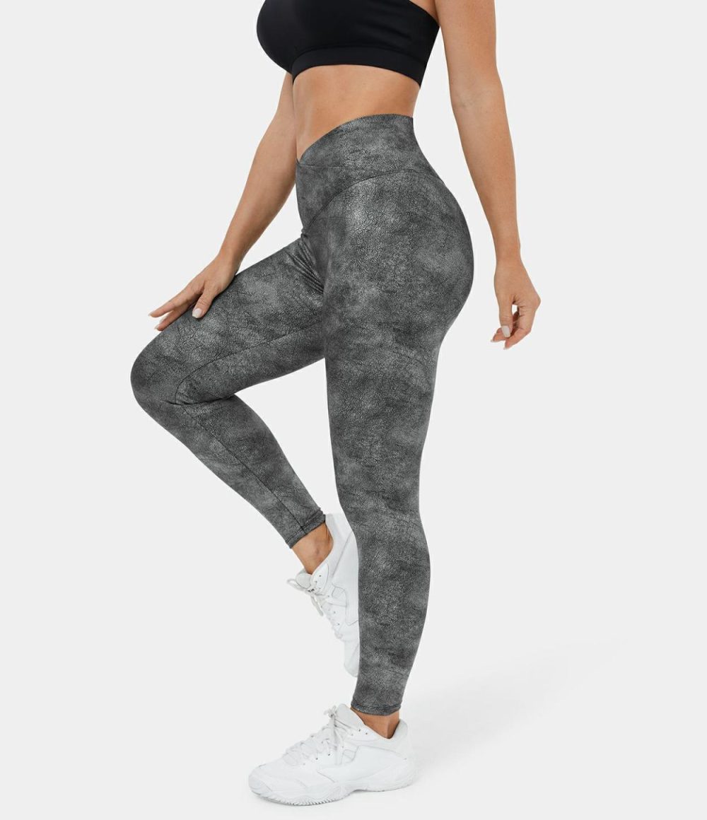 Crossover Back Pocket Stretchy Crackle Yoga 7/8 Leggings  | Womens  Crossover Leggings Clothing Cracked Titanium Grey