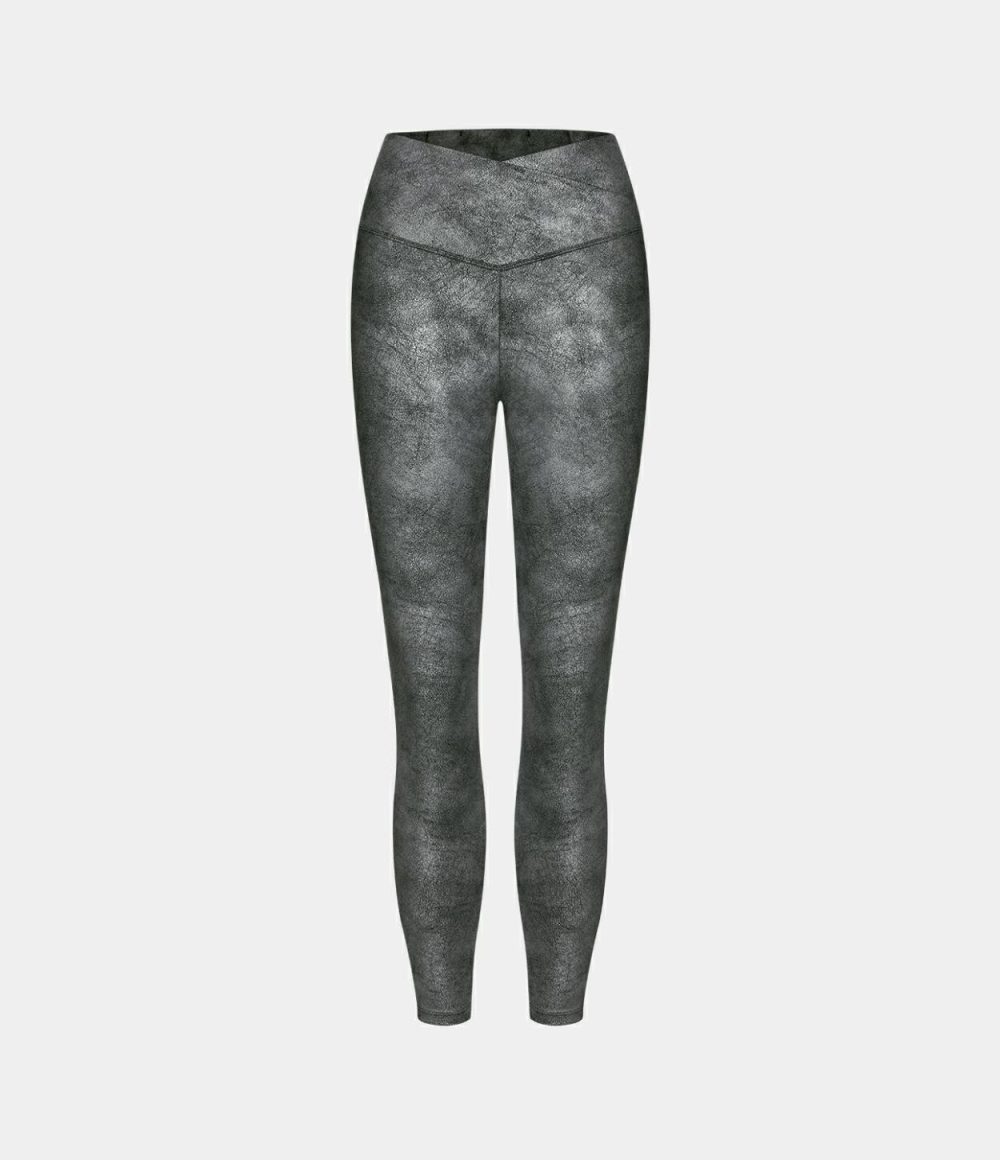 Crossover Back Pocket Stretchy Crackle Yoga 7/8 Leggings  | Womens  Crossover Leggings Clothing Cracked Titanium Grey