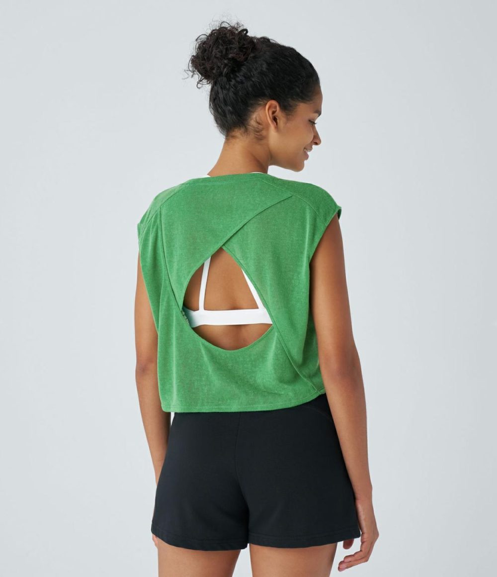 Crossover Cut Out Backless Running Sports Top  | Womens  Sports Tops Clothing Light Emerald Green/Black