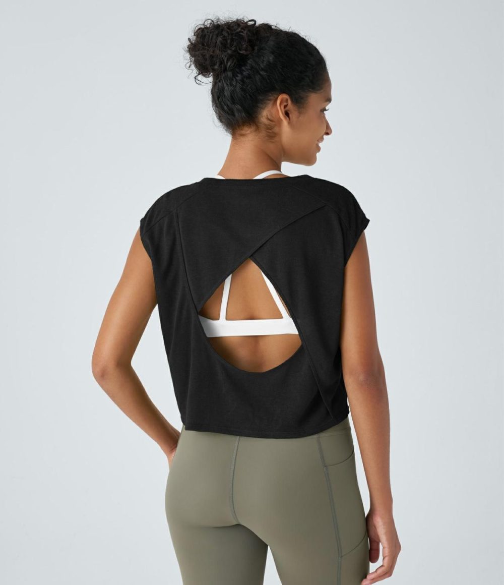 Crossover Cut Out Backless Running Sports Top  | Womens  Sports Tops Clothing Light Emerald Green/Black