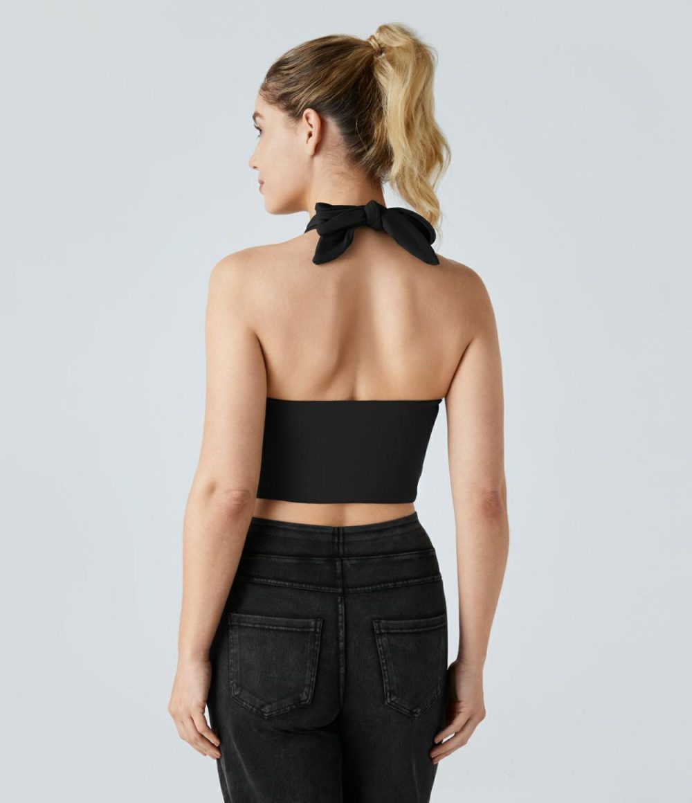 Crossover Halter Tie Back Backless Work Tank Top  | Womens  T-Shirts Clothing Rain Forest/Black