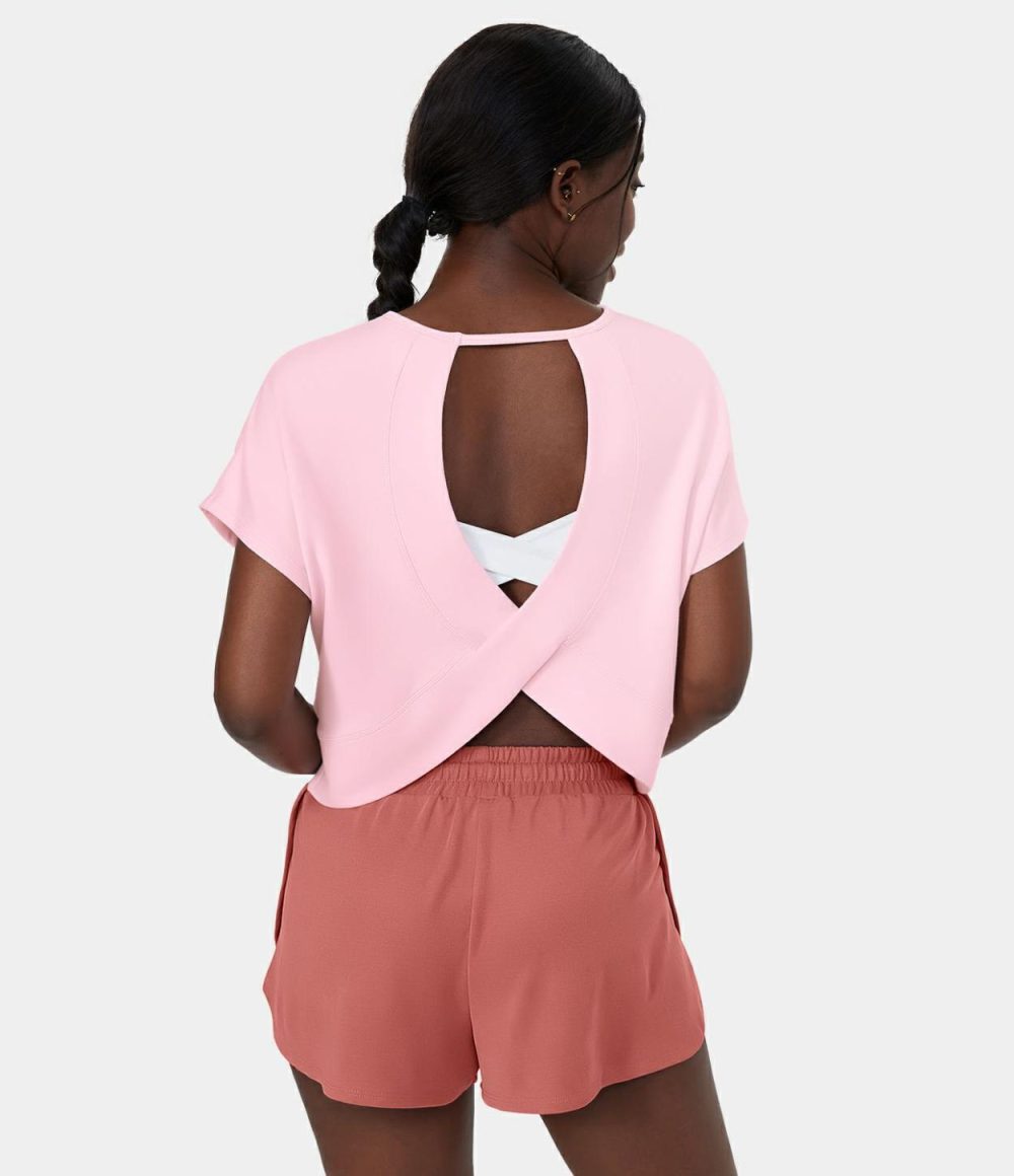 Crossover Hem Cut Out Cropped Casual Sports Top  | Womens  Sports Tops Clothing Barely Pink/Black