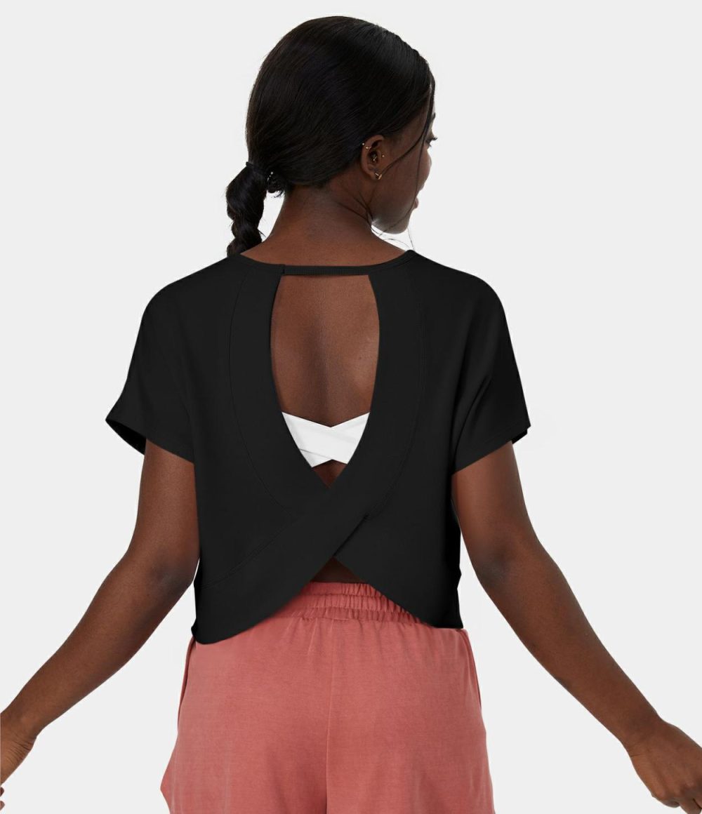 Crossover Hem Cut Out Cropped Casual Sports Top  | Womens  Sports Tops Clothing Barely Pink/Black