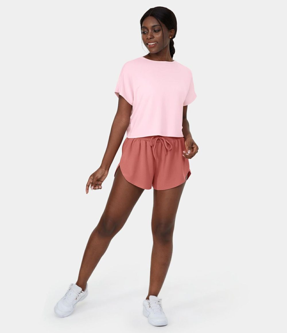 Crossover Hem Cut Out Cropped Casual Sports Top  | Womens  Sports Tops Clothing Barely Pink/Black