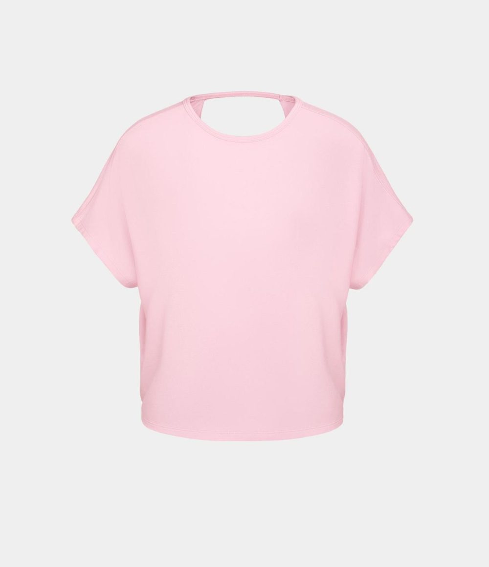 Crossover Hem Cut Out Cropped Casual Sports Top  | Womens  Sports Tops Clothing Barely Pink/Black