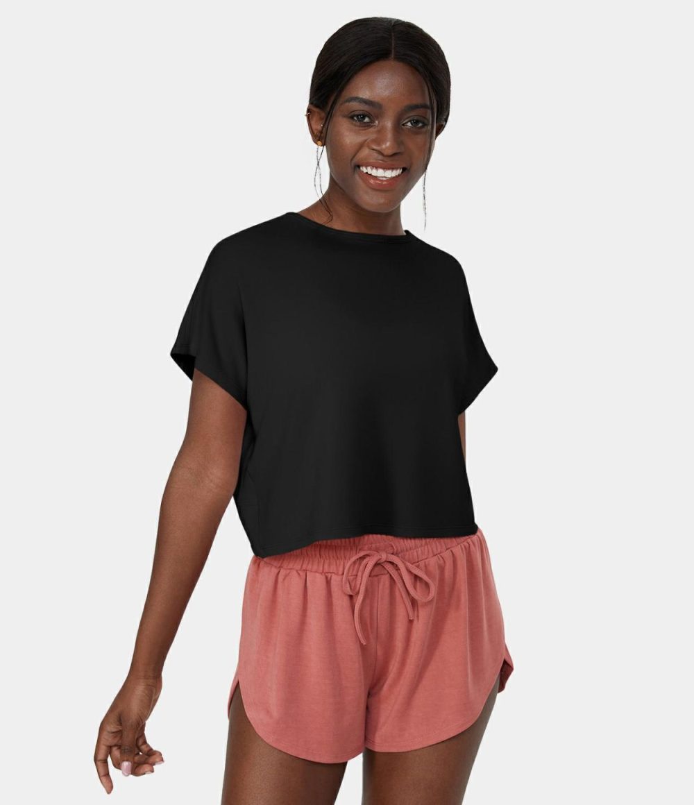 Crossover Hem Cut Out Cropped Casual Sports Top  | Womens  Sports Tops Clothing Barely Pink/Black