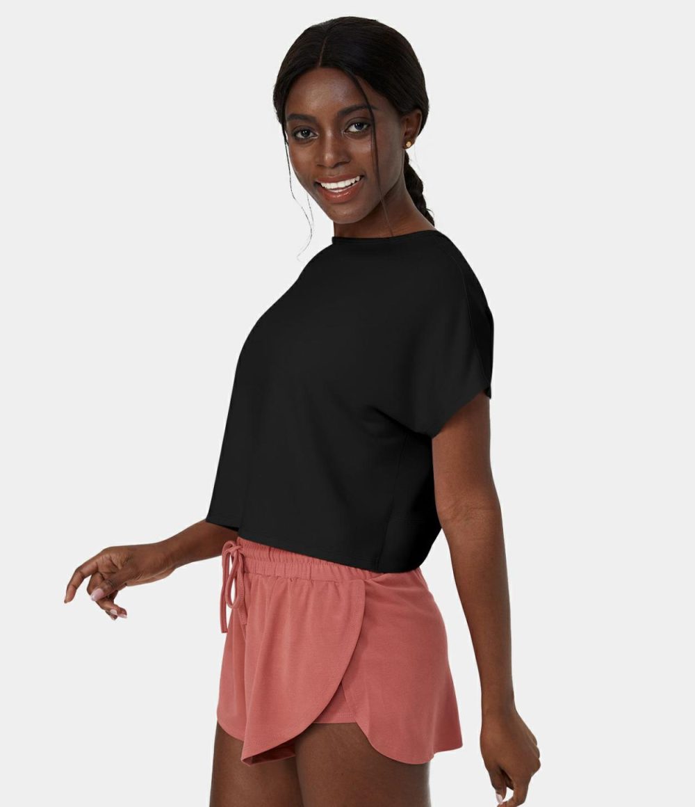 Crossover Hem Cut Out Cropped Casual Sports Top  | Womens  Sports Tops Clothing Barely Pink/Black