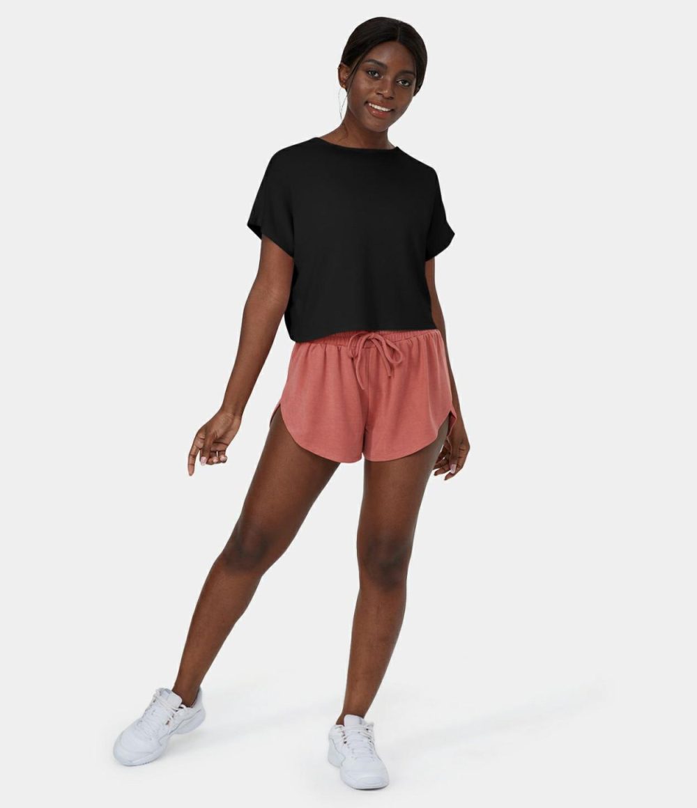 Crossover Hem Cut Out Cropped Casual Sports Top  | Womens  Sports Tops Clothing Barely Pink/Black