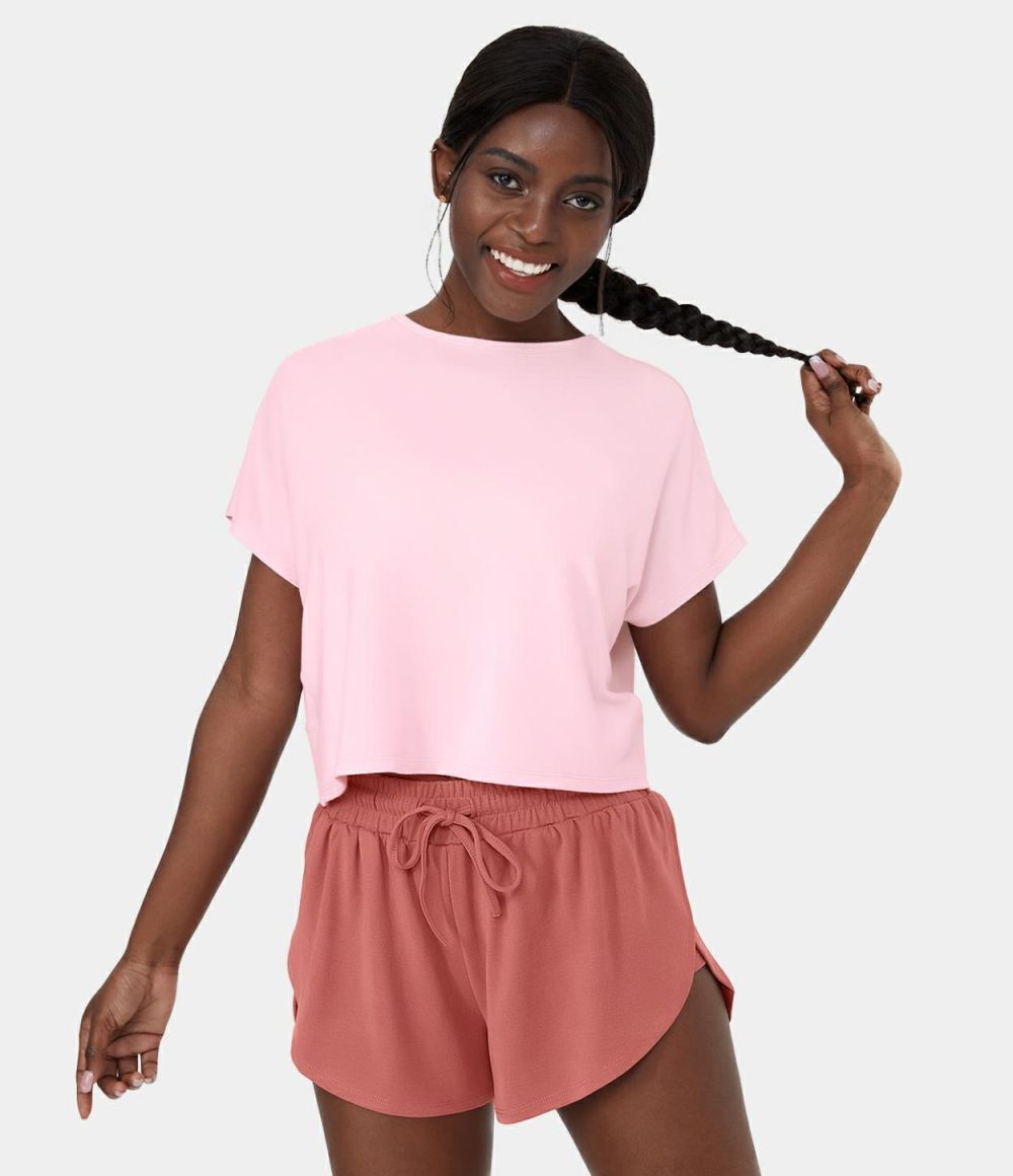 Crossover Hem Cut Out Cropped Casual Sports Top  | Womens  Sports Tops Clothing Barely Pink/Black