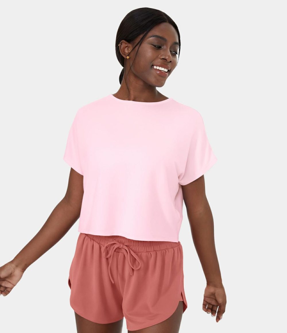 Crossover Hem Cut Out Cropped Casual Sports Top  | Womens  Sports Tops Clothing Barely Pink/Black