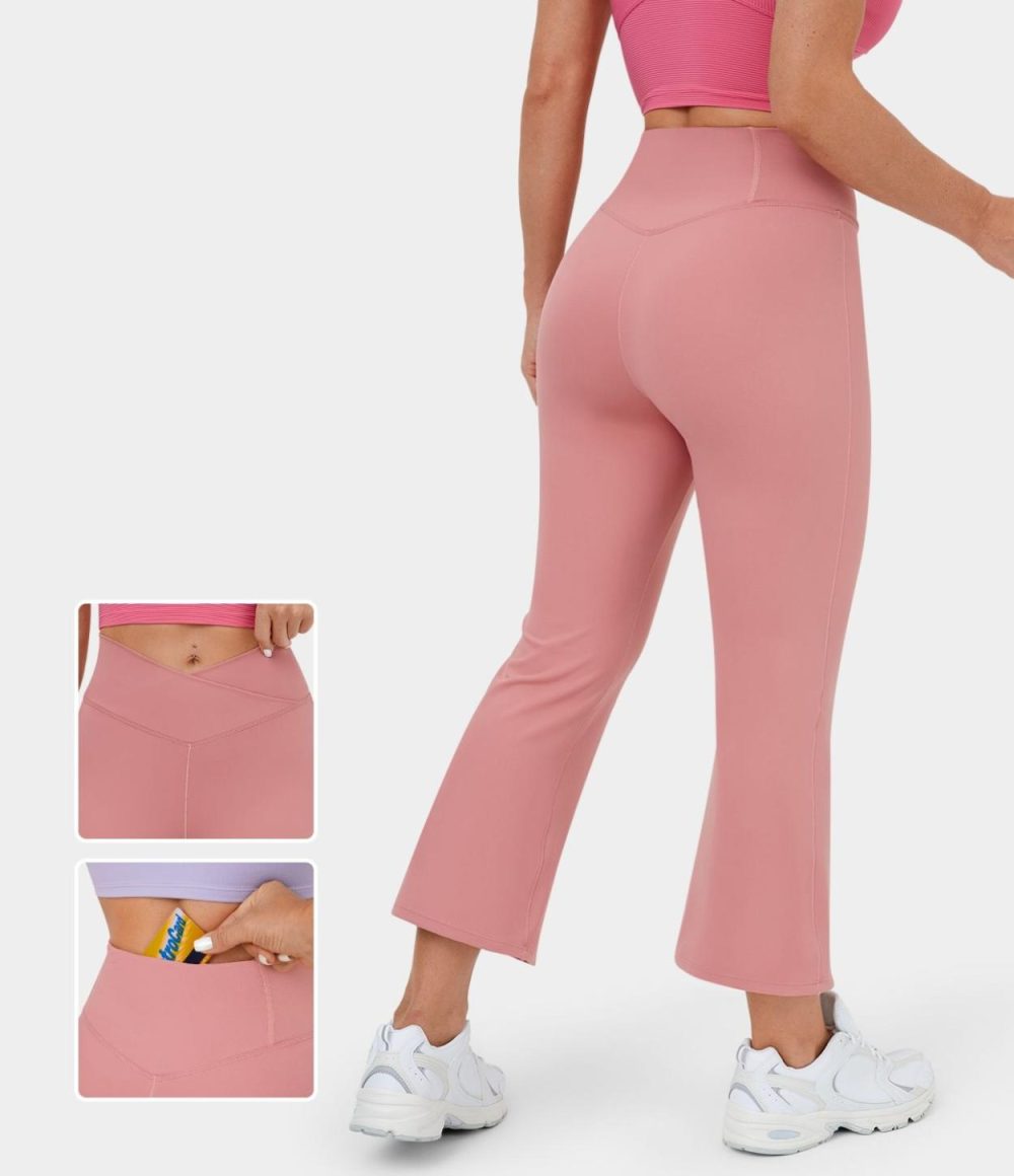 Crossover High Waisted Back Pocket Flare Capri Yoga Leggings  | Womens  Flare Leggings Clothing Candy Pink/Black