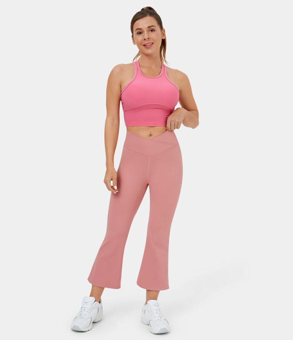 Crossover High Waisted Back Pocket Flare Capri Yoga Leggings  | Womens  Flare Leggings Clothing Candy Pink/Black