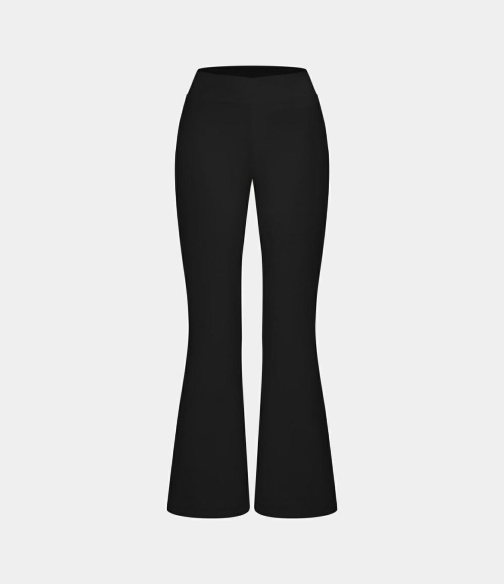 Crossover High Waisted Back Pocket Flare Capri Yoga Leggings  | Womens  Flare Leggings Clothing Candy Pink/Black