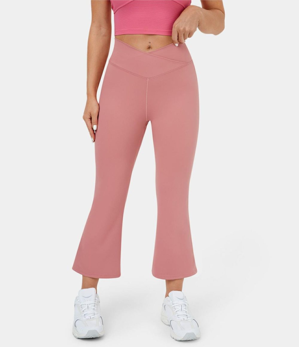 Crossover High Waisted Back Pocket Flare Capri Yoga Leggings  | Womens  Flare Leggings Clothing Candy Pink/Black