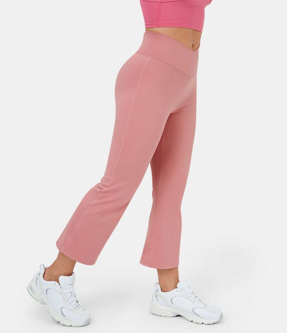 Crossover High Waisted Back Pocket Flare Capri Yoga Leggings  | Womens  Flare Leggings Clothing Candy Pink/Black