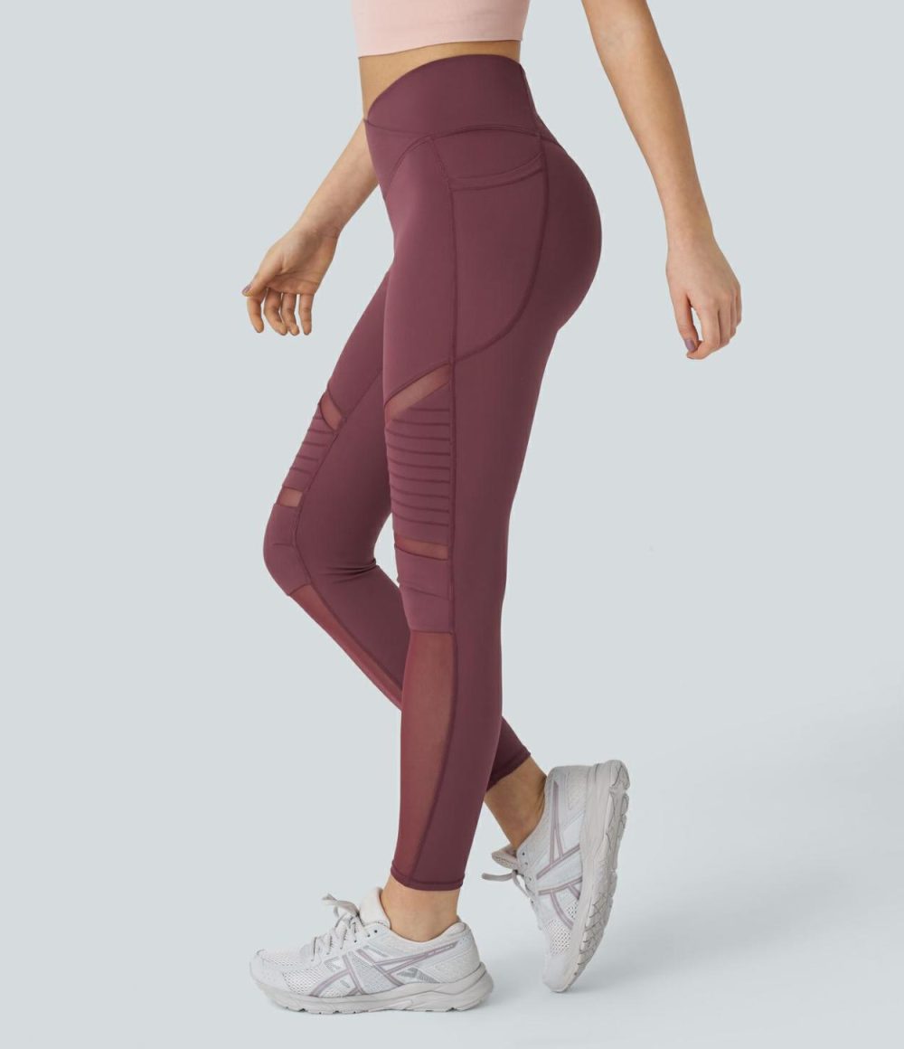 Crossover High Waisted Side Pocket Contrast Mesh Top-stitching Yoga Leggings  | Womens  Crossover Leggings Clothing Crossover Leggings