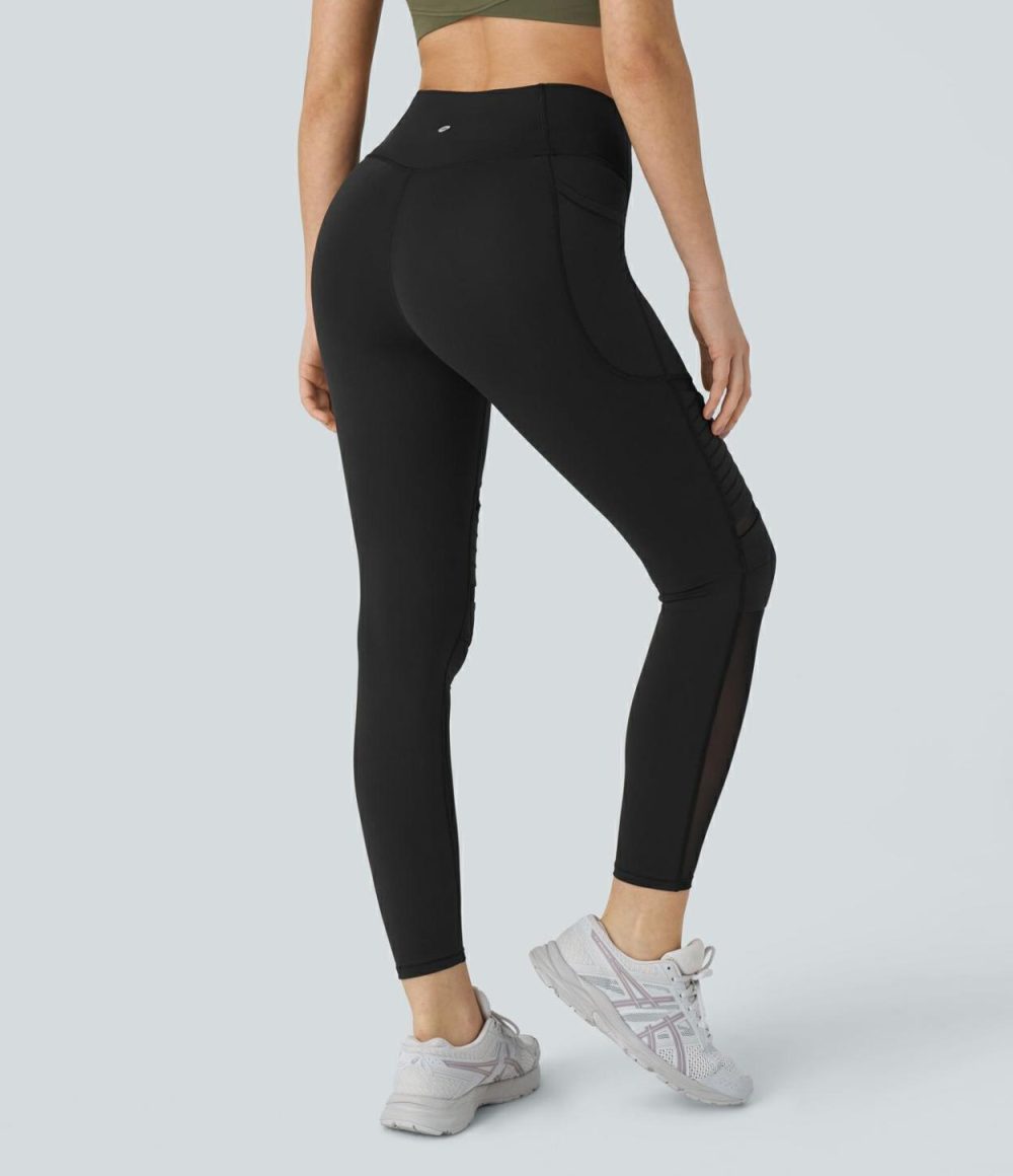 Crossover High Waisted Side Pocket Contrast Mesh Top-stitching Yoga Leggings  | Womens  Crossover Leggings Clothing Crossover Leggings