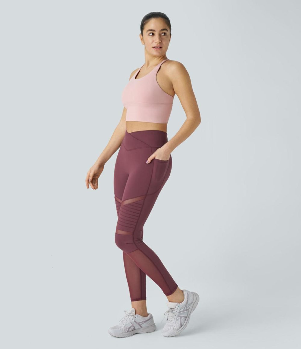 Crossover High Waisted Side Pocket Contrast Mesh Top-stitching Yoga Leggings  | Womens  Crossover Leggings Clothing Crossover Leggings