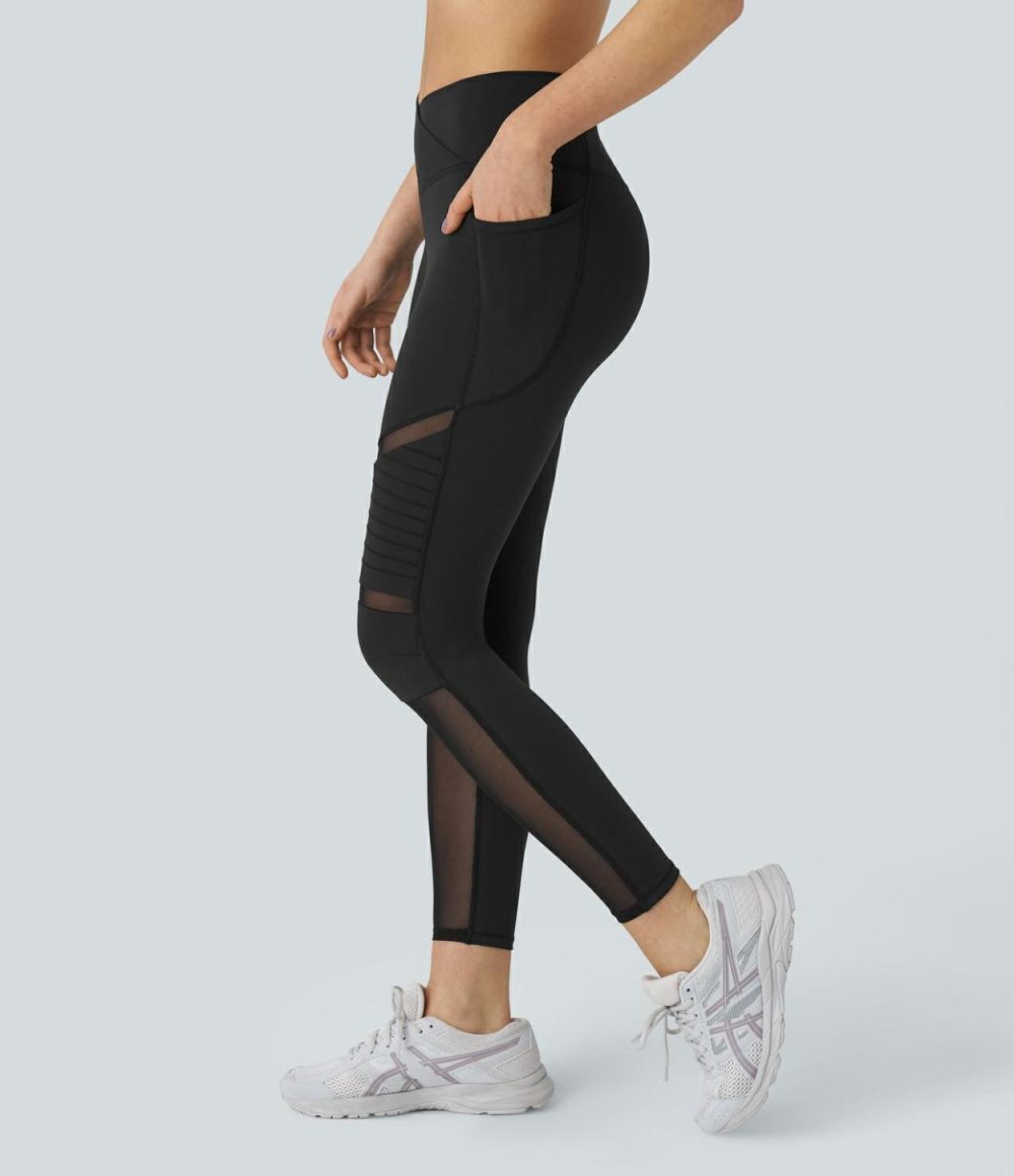 Crossover High Waisted Side Pocket Contrast Mesh Top-stitching Yoga Leggings  | Womens  Crossover Leggings Clothing Crossover Leggings