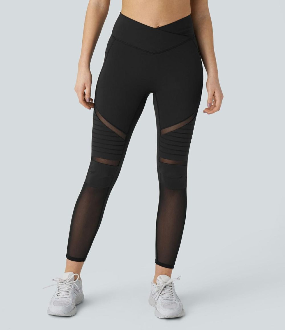 Crossover High Waisted Side Pocket Contrast Mesh Top-stitching Yoga Leggings  | Womens  Crossover Leggings Clothing Crossover Leggings