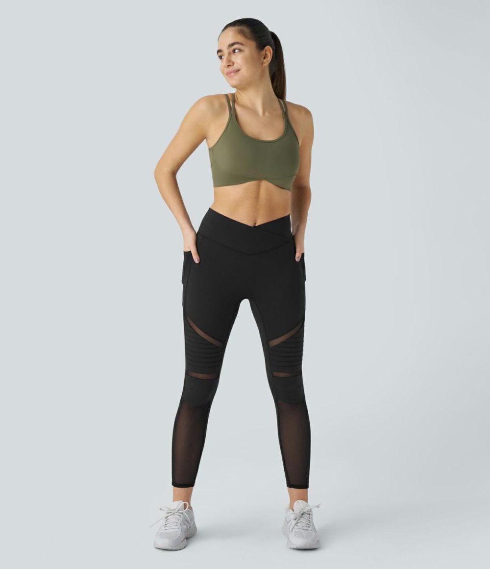 Crossover High Waisted Side Pocket Contrast Mesh Top-stitching Yoga Leggings  | Womens  Crossover Leggings Clothing Crossover Leggings