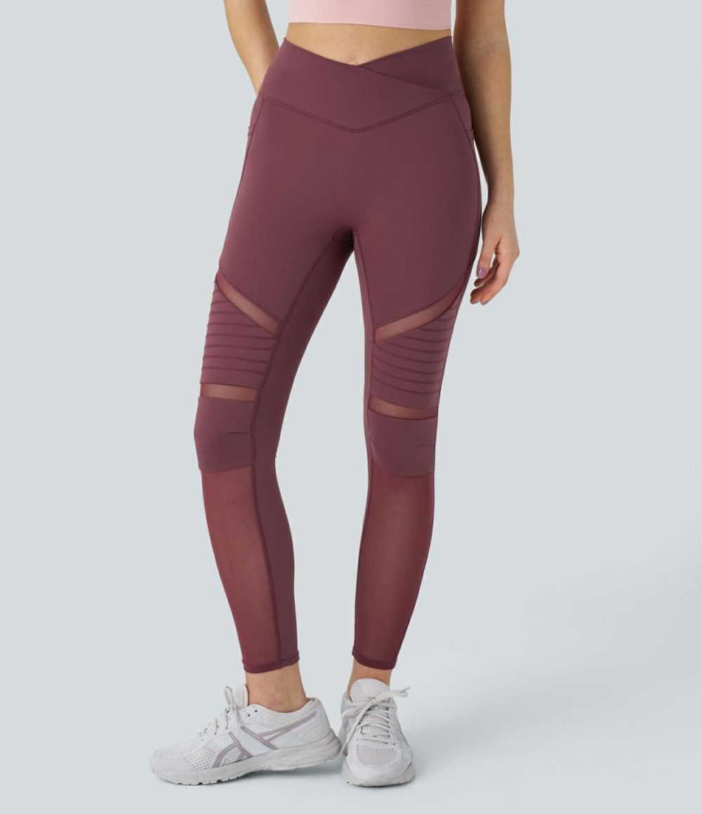 Crossover High Waisted Side Pocket Contrast Mesh Top-stitching Yoga Leggings  | Womens  Crossover Leggings Clothing Crossover Leggings