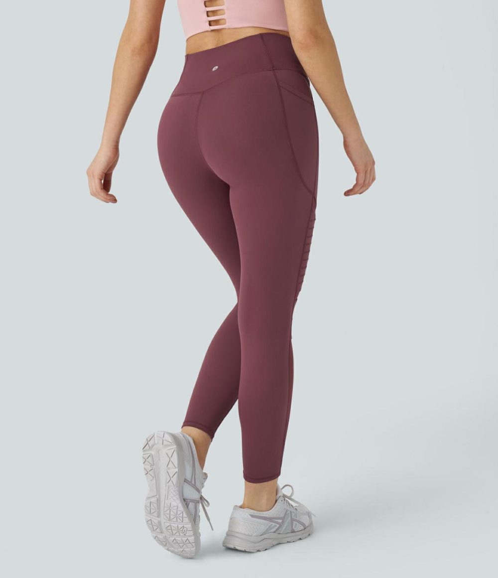 Crossover High Waisted Side Pocket Contrast Mesh Top-stitching Yoga Leggings  | Womens  Crossover Leggings Clothing Crossover Leggings