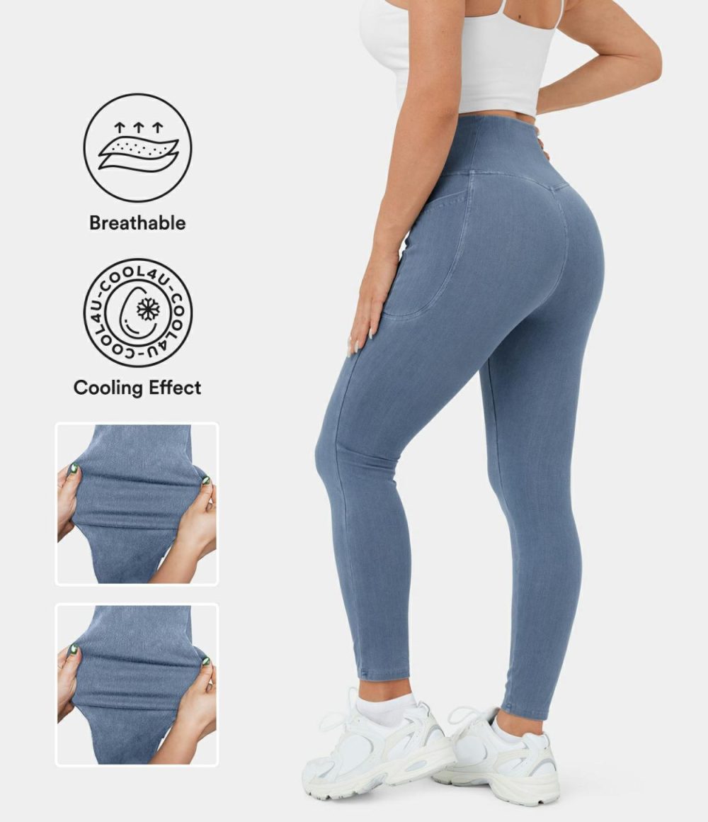 Crossover Pocket Cool Touch Breathable Washed Stretchy Knit Denim Casual Leggings  | Womens  Denim Shorts Clothing Denim Shorts