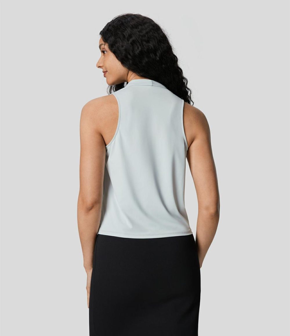 Crossover V Neck Plicated Sleeveless Cool Touch Work Tank Top-UPF50+  | Womens  T-Shirts Clothing Blue Blush/Black